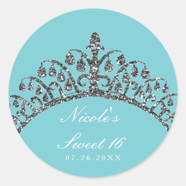 Silver Faux Glitter Tiara Crown Party Custom Favor Classic Round Sticker (Front)