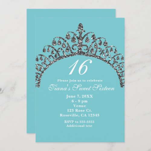 Silver Faux Glitter Tiara Crown Party Invitations