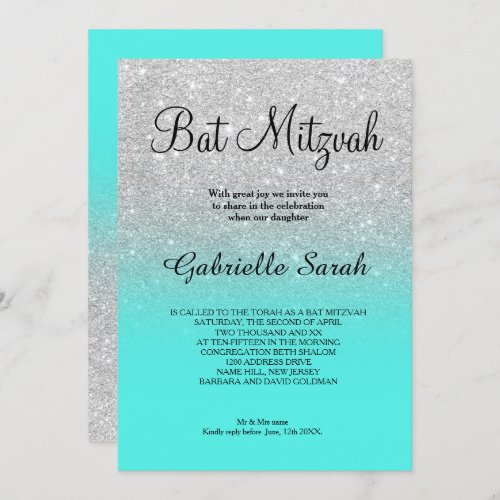 SIlver faux glitter turquoise ombre Bat Mitzvah Invitation
