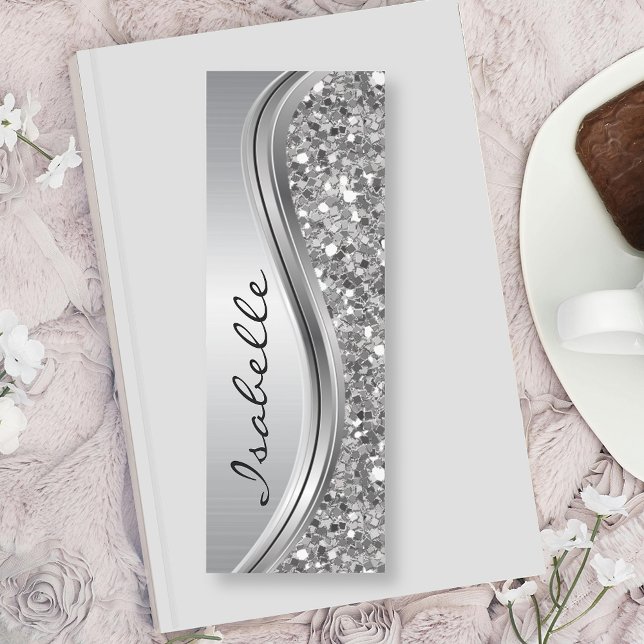 Silver Faux Glitter Wave Personalized Script Name  Bookmarks (Creator Uploaded)