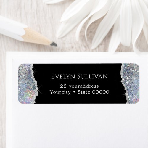 Silver faux iridescent glitter return address label