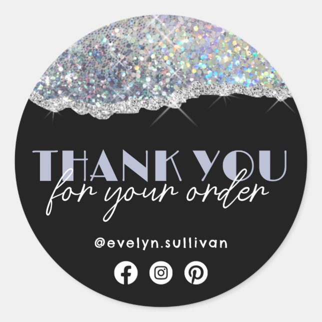 Silver Faux Iridescent Glitter Thank You Sticker (Front)