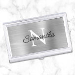 Silver Faux Metallic Foil Monogram Business Card Case<br><div class="desc">Create your own black and white monogrammed modern minimalist business card case.
Modern monoline style script for her name over a more classic style monogram font.
The background features a faux silver grey brushed metal style ombre gradient foil that prints like a photo.</div>