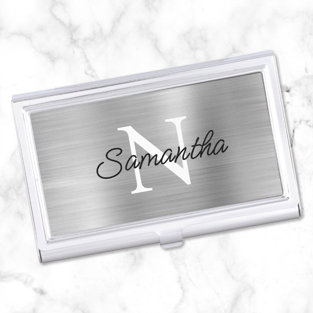 Silver Faux Metallic Foil Monogram Business Card Case (Create your own girly monogrammed business card case for her.)