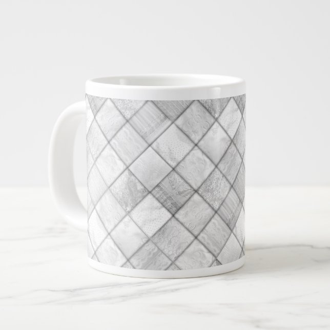Silver Faux Patchwork Quilting Pattern Giant Coffee Mug (Front Left)