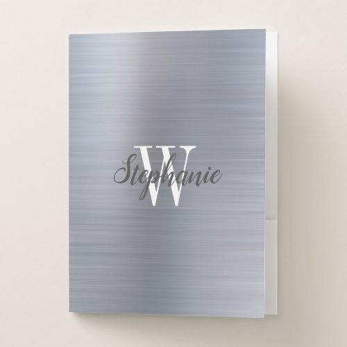 Silver Faux Stainless Steel Monogram Pocket Folder