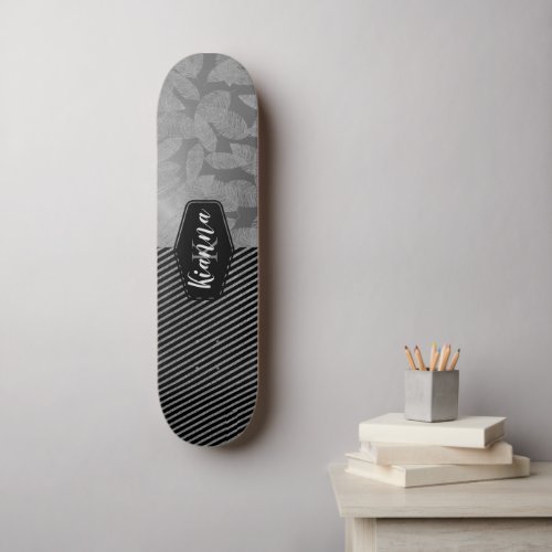 Silver Feathers Glitter Stripes Monogram    Skateboard