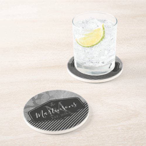 Silver Feathers Silver Stripes Monogram Family Coaster