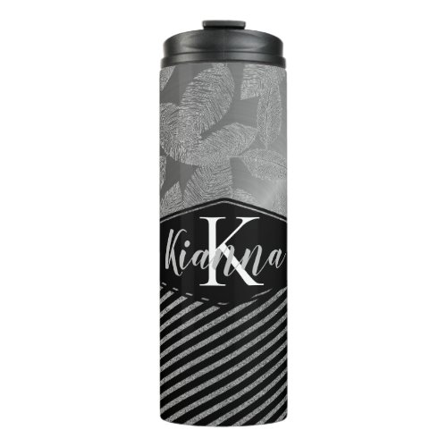 Silver Feathers Silver Stripes Monogram Glitter Thermal Tumbler