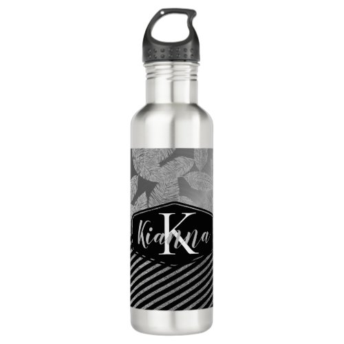 Silver Feathers  Silver Stripes Monogram  Stainless Steel Water Bottle