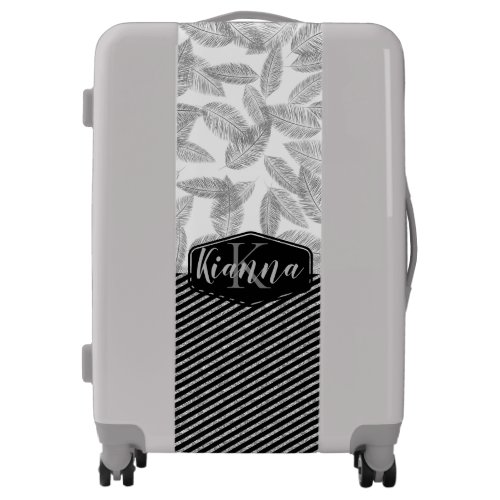 Silver Feathers with Glittery Stripes Monogram   Luggage