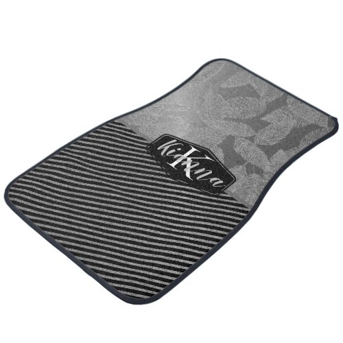 Silver Feathers with Silver Stripes Monogram   Car Floor Mat