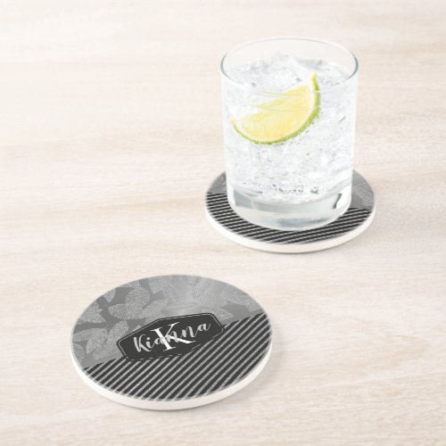 Silver Feathers with Silver Stripes Monogram   Coaster