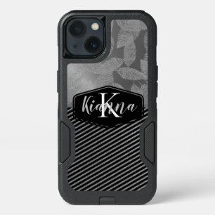 Silver Feathers with Silver Stripes Monogram iPhone 13 Case