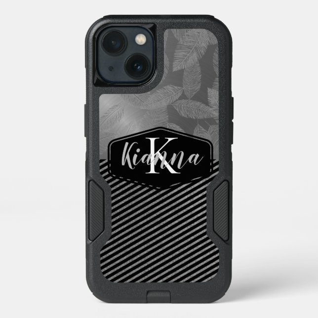 Silver Feathers with Silver Stripes Monogram     Otterbox iPhone Case (Back)