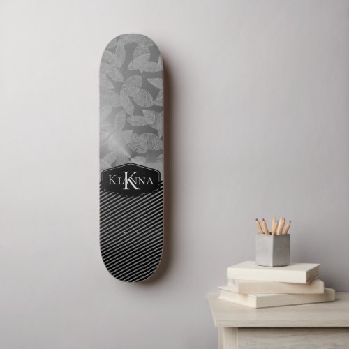 Silver Feathers with Silver Stripes Monogram   Skateboard