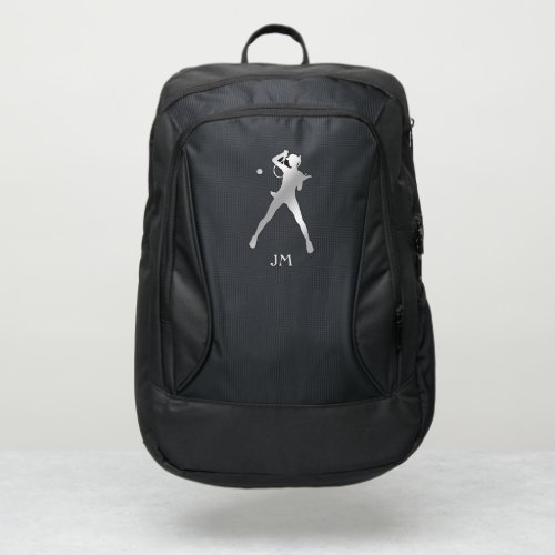 Silver Female Tennis Player Silhouette Monogram Port Authority Backpack