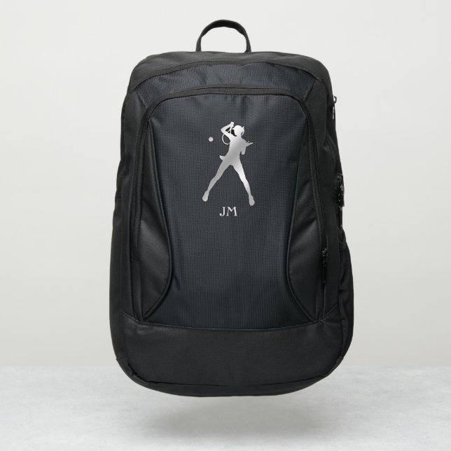 Silver Female Tennis Player Silhouette Monogram Port Authority® Backpack (Front)