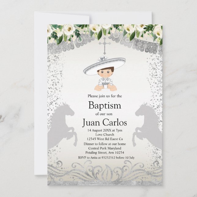 Silver Fiesta Boy Baptism Christening Invitation (Front)
