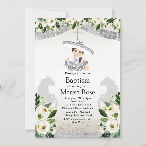 Silver Fiesta Girl Baptism Christening Invitation