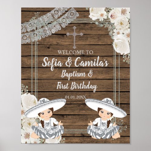 Silver Fiesta Twin Girl Baptism and Birthday  Poster