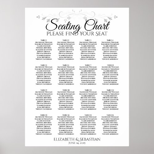 Silver Filigree 16 Table Wedding Seating Chart