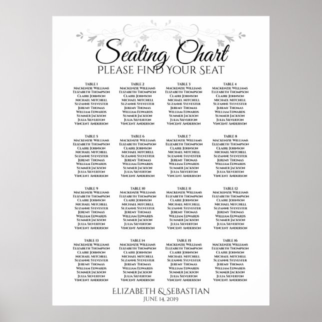 Silver Filigree 16 Table Wedding Seating Chart (Front)