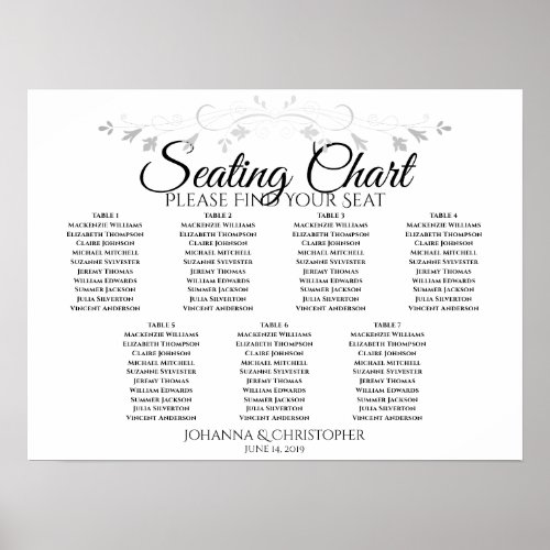 Silver Filigree Chic 7 Table Wedding Seating Chart