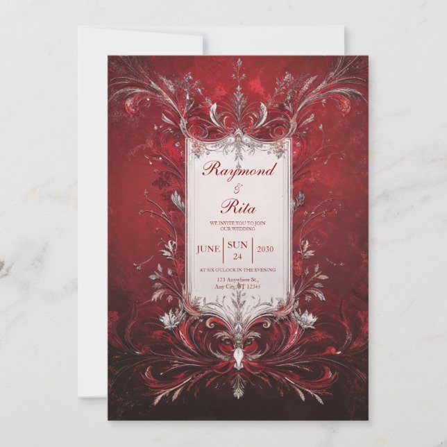 Silver Filigree Deep Red Baroque Wedding Invitation (Front)