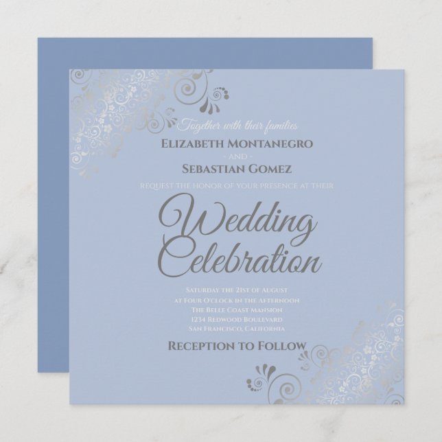 Silver Filigree Elegant Blue Gray Square Wedding Invitation (Front/Back)