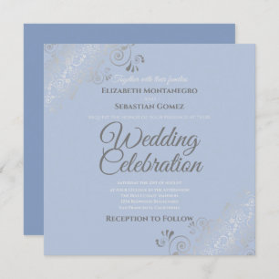Silver Filigree Elegant Blue Gray Square Wedding Invitation