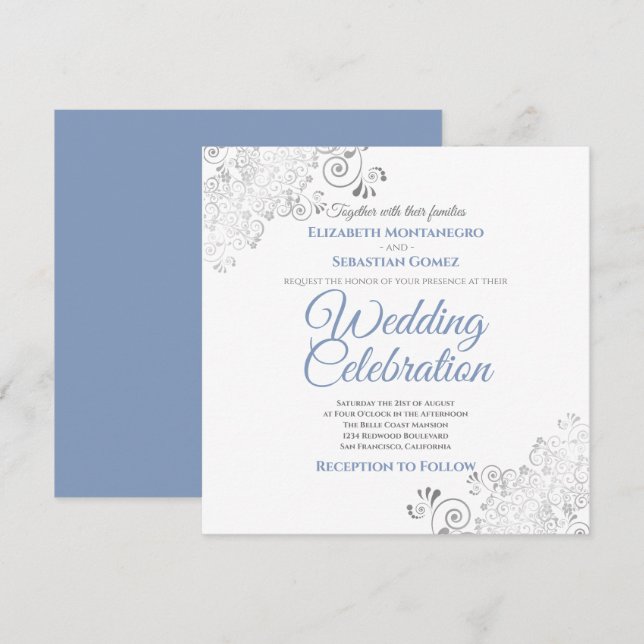 Silver Filigree Elegant Blue Gray Square Wedding Invitation (Front/Back)