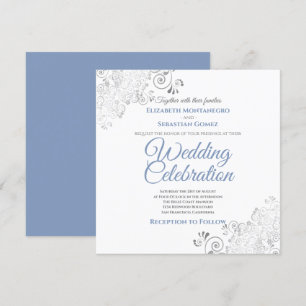 Silver Filigree Elegant Blue Gray Square Wedding Invitation