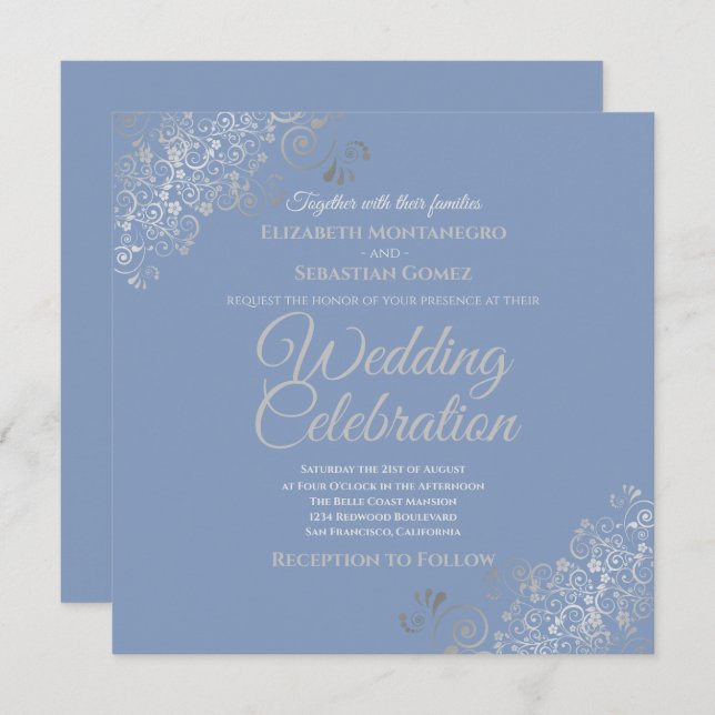 Silver Filigree Elegant Blue Square Wedding Invitation (Front/Back)