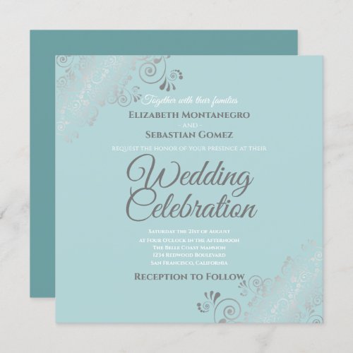 Silver Filigree Elegant Light Teal Square Wedding Invitation