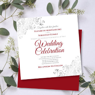 Silver Filigree Elegant Red & White Square Wedding Invitation
