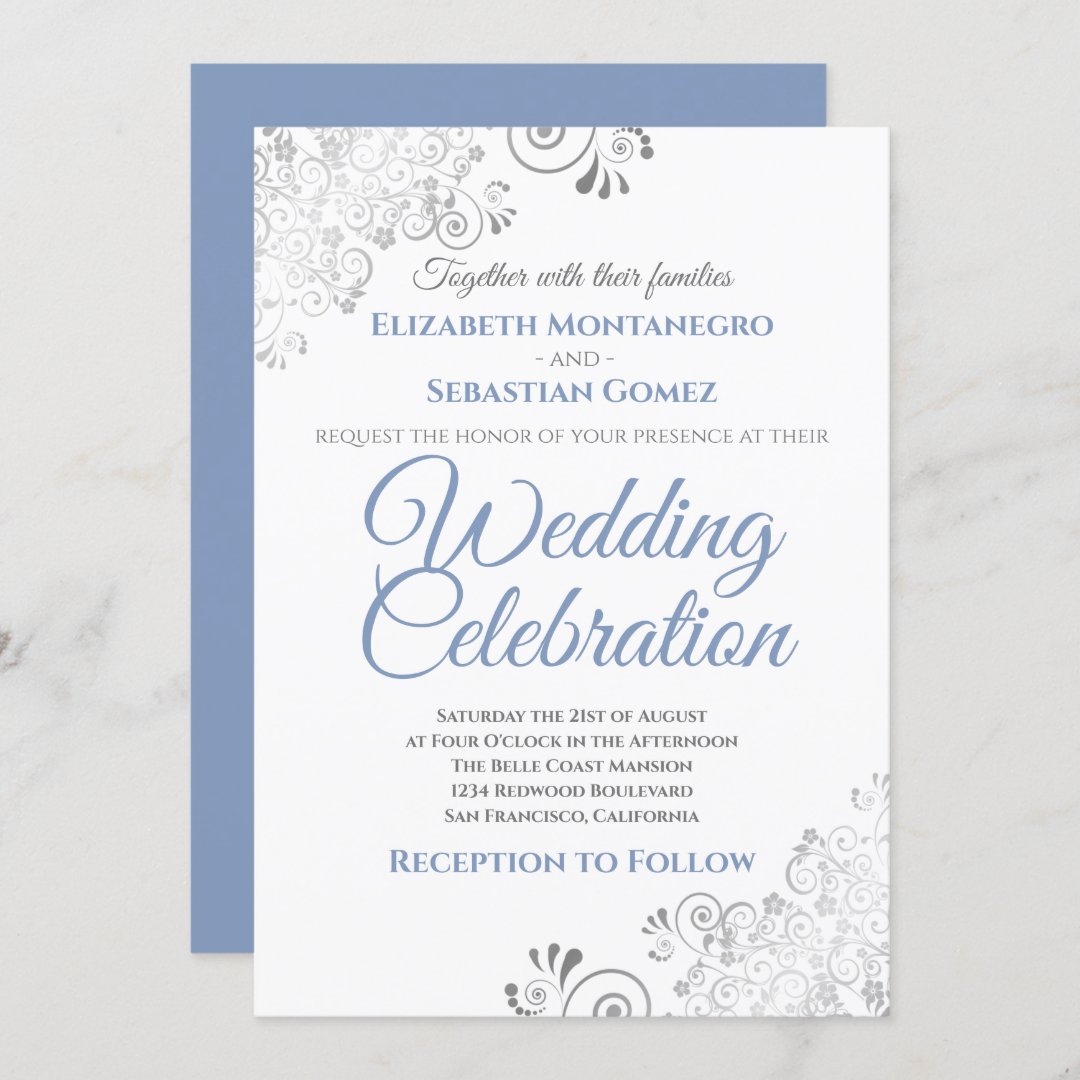 Silver Filigree Elegant Simple Blue Gray Wedding Invitation | Zazzle