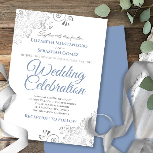 Silver Filigree Elegant Simple Blue Gray Wedding Invitation