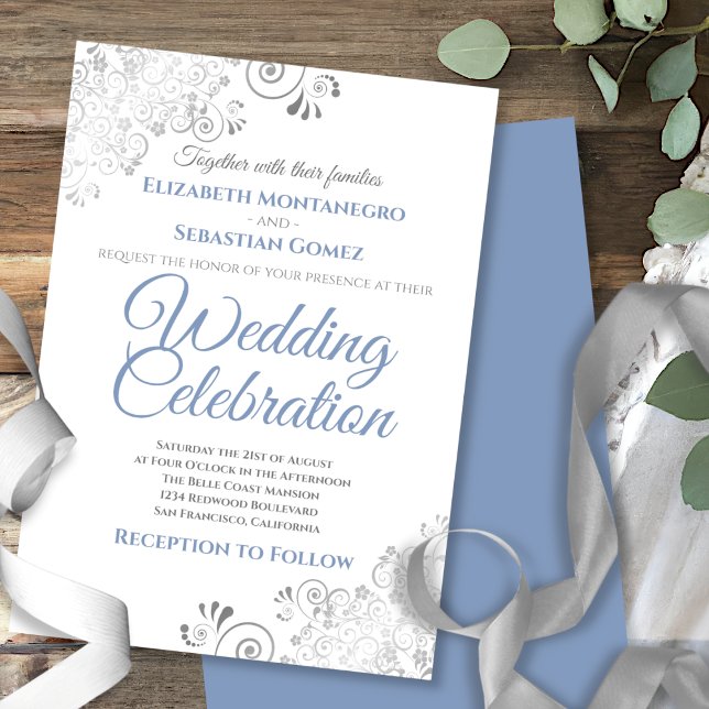 Silver Filigree Elegant Simple Blue Gray Wedding Invitation (Creator Uploaded)