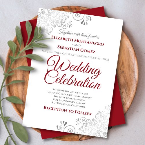 Silver Filigree Elegant Simple Red  White Wedding Invitation