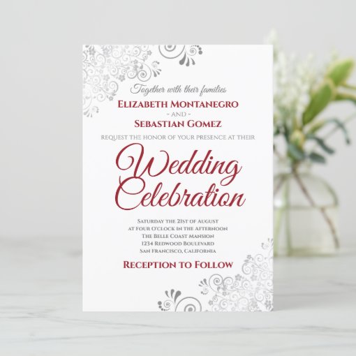 Silver Filigree Elegant Simple Red & White Wedding Invitation | Zazzle
