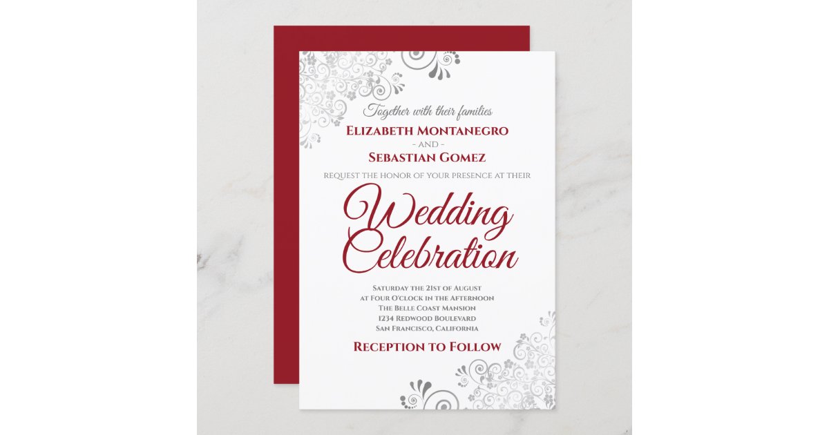 Silver Filigree Elegant Simple Red & White Wedding Invitation | Zazzle