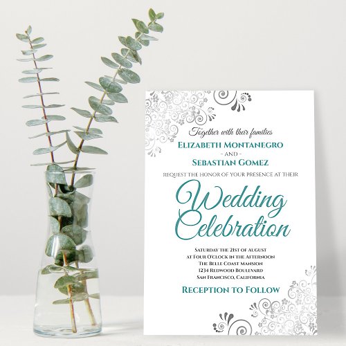 Silver Filigree Elegant Simple Teal  Gray Wedding Invitation