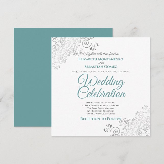 Silver Filigree Elegant Teal & Gray Square Wedding Invitation (Front/Back)