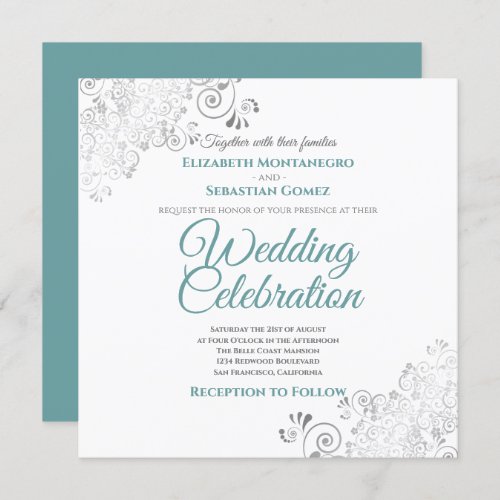 Silver Filigree Elegant Teal  Gray Square Wedding Invitation