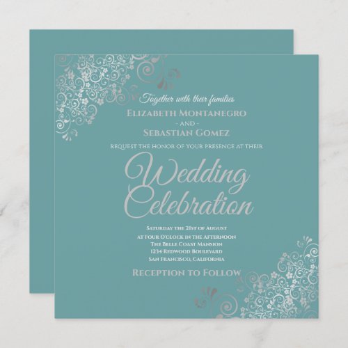 Silver Filigree Elegant Teal Square Wedding Invitation