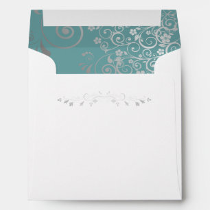 Silver Filigree Frills on Teal Square Wedding Envelope