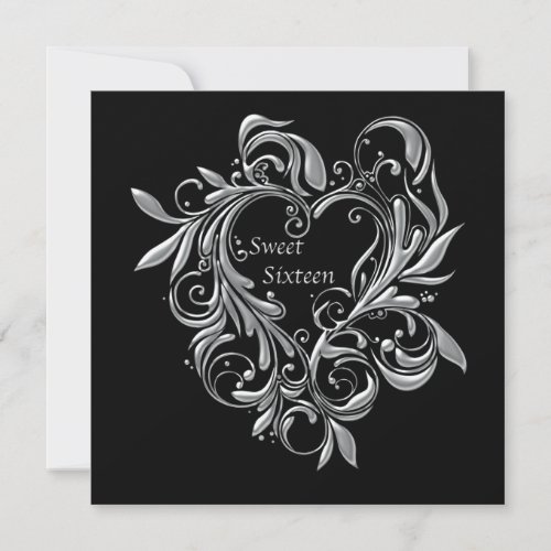 Silver Filigree Heart Sweet 16 Party Invitation