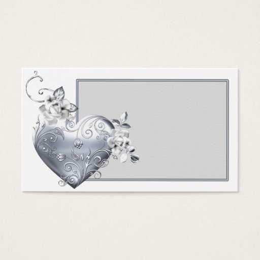 Customizable Silver Filigree Heart &amp; White Roses Business Card Templates
