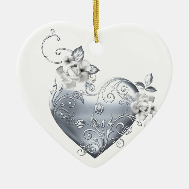 Silver Filigree Heart & White Roses Ceramic Ornament (Front)